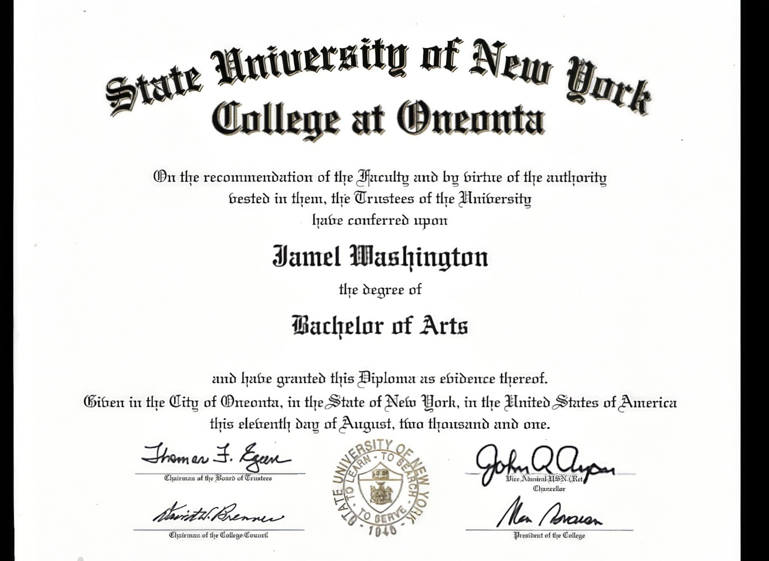 Jamel's SUNY Oneonta diploma
