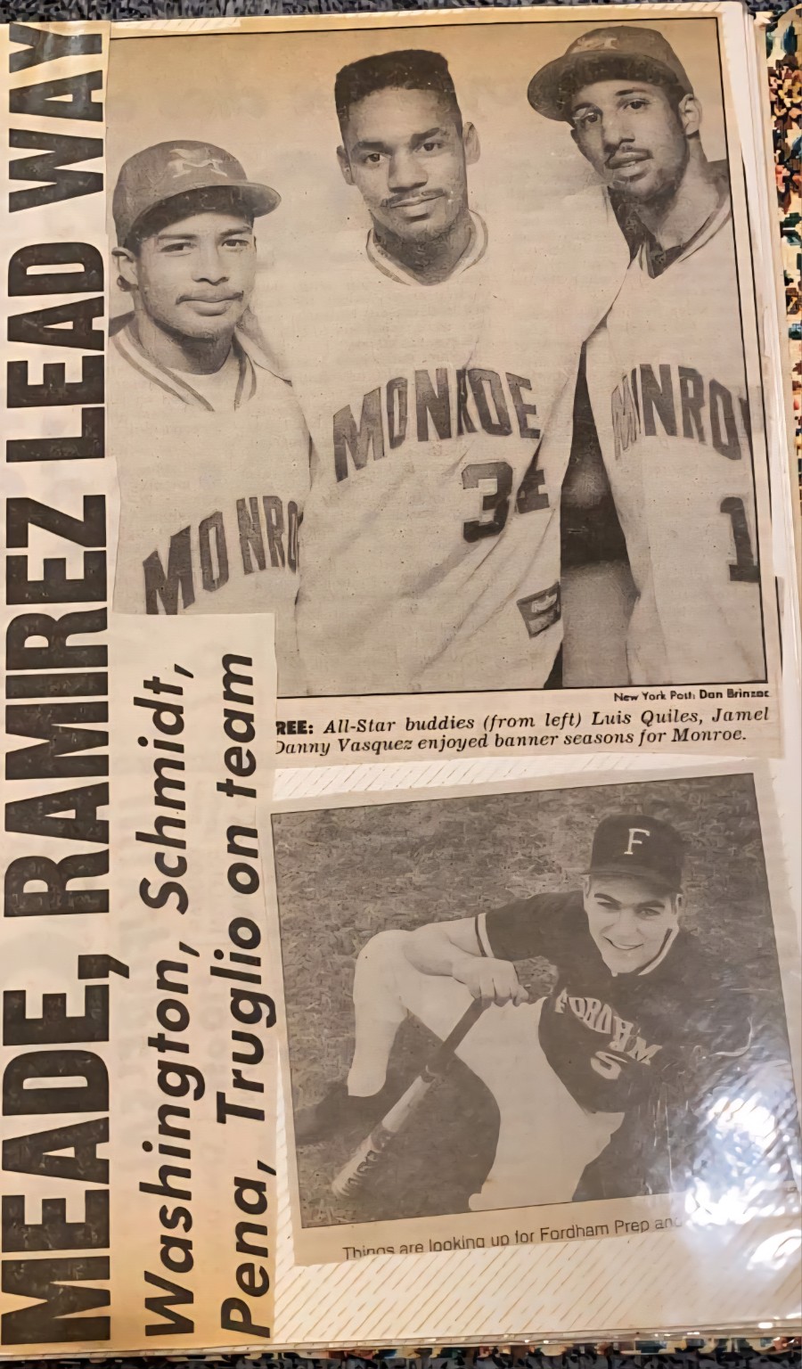 New York Post baseball clipping featuring Jamel Washington and James Monroe teammates