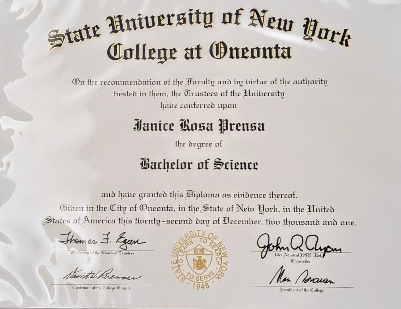 SUNY Oneonta diploma